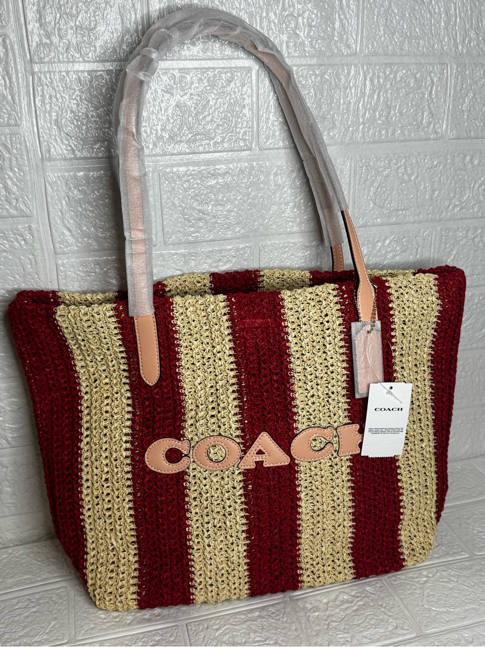 Coach Striped Crochet Tote in Red and Cream with Leather Accents